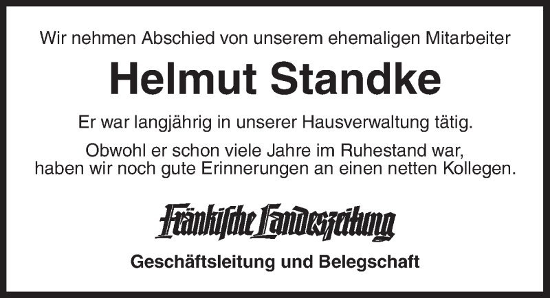 Traueranzeigen Von Helmut Standke Trauer Flz De