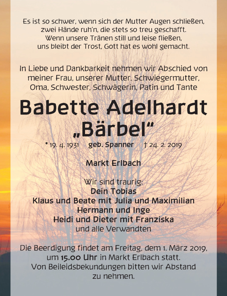 Traueranzeigen Von Babette Adelhardt Trauer Flz De