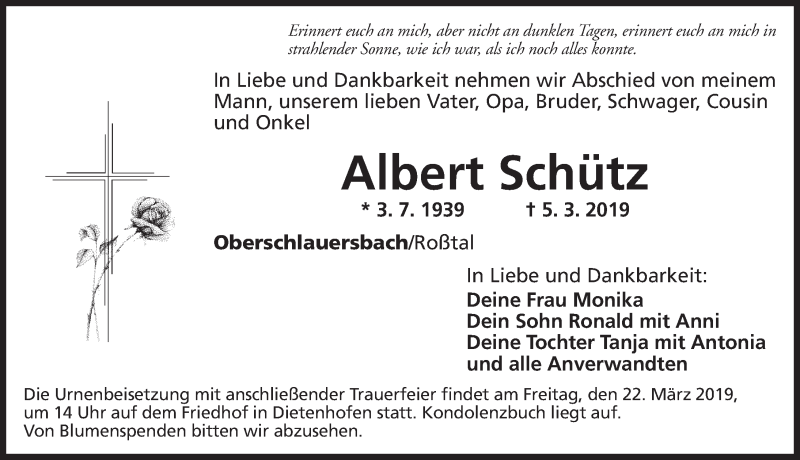 Traueranzeigen von Albert Schütz trauer flz de