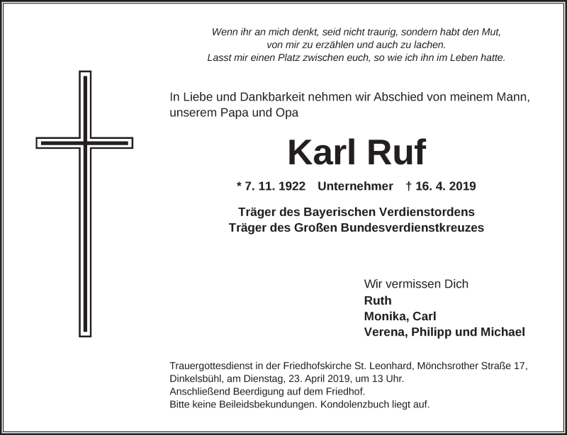  Traueranzeige für Karl Ruf vom 20.04.2019 aus Gesamtausgabe