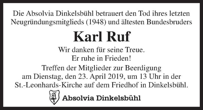  Traueranzeige für Karl Ruf vom 20.04.2019 aus Dinkelsbühl/ Feuchtwangen