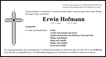 Traueranzeige von Erwin Hofmann von Neustadt/ Scheinfeld/ Uffenheim