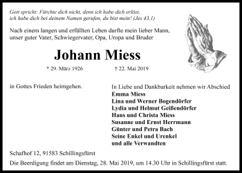 Traueranzeige von Johann Miess von Rothenburg
