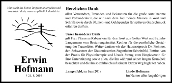 Traueranzeige von Erwin Hofmann von Neustadt/ Scheinfeld/ Uffenheim