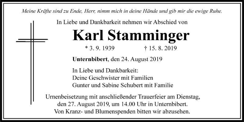  Traueranzeige für Karl Stamminger vom 24.08.2019 aus Ansbach