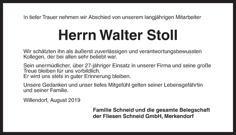  Traueranzeige für Walter Stoll vom 24.08.2019 aus Ansbach