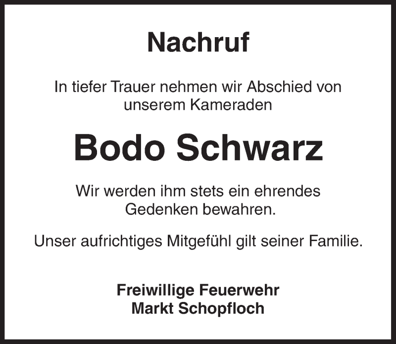  Traueranzeige für Bodo Schwarz vom 22.01.2020 aus Dinkelsbühl/ Feuchtwangen