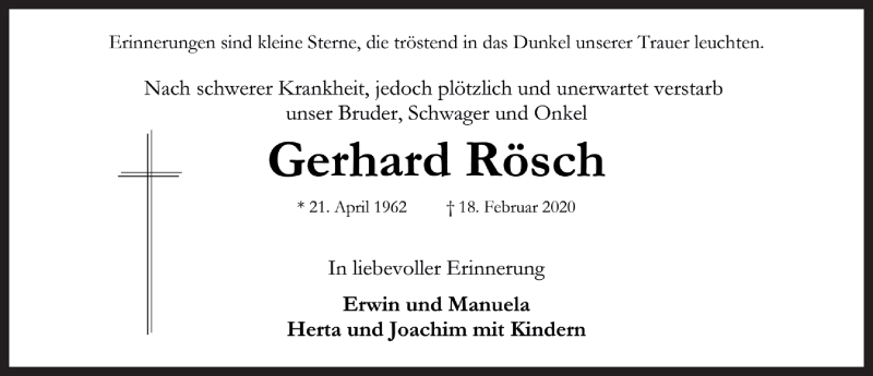  Traueranzeige für Gerhard Rösch vom 21.02.2020 aus Rothenburg