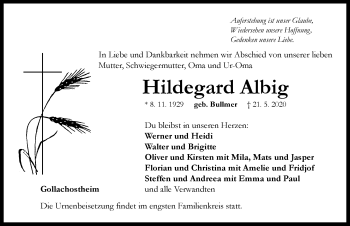 Traueranzeige von Hildegard Albig von Neustadt/ Scheinfeld/ Uffenheim