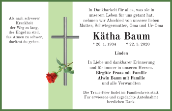 Traueranzeige von Kätha Baum von Neustadt/ Scheinfeld/ Uffenheim