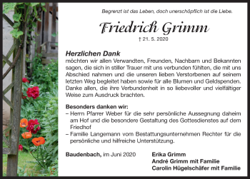 Traueranzeige von Friedrich Grimm von Neustadt/ Scheinfeld/ Uffenheim