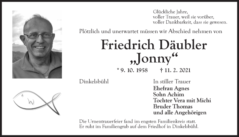  Traueranzeige für Friedrich Däubler vom 24.02.2021 aus Dinkelsbühl/ Feuchtwangen