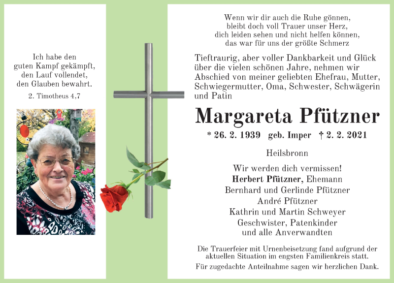  Traueranzeige für Margareta Pfützner vom 24.02.2021 aus Ansbach