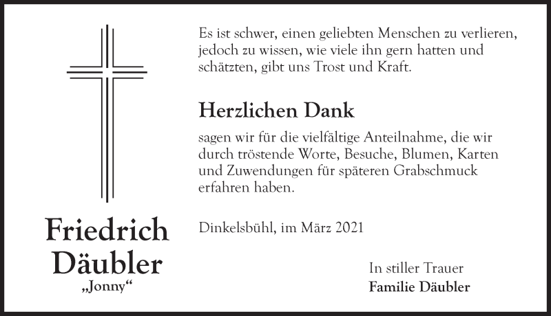  Traueranzeige für Friedrich Däubler vom 20.03.2021 aus Dinkelsbühl/ Feuchtwangen