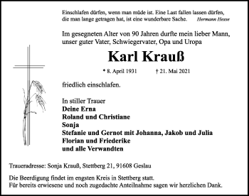 Traueranzeige von Karl Krauß von Rothenburg