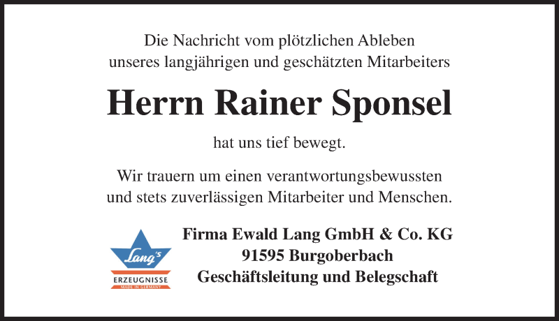  Traueranzeige für Rainer Sponsel vom 15.05.2021 aus Ansbach