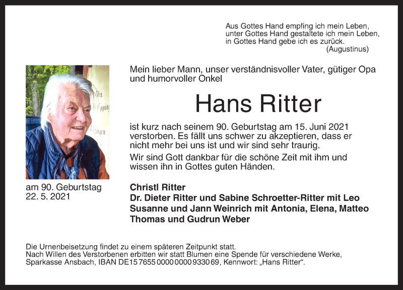  Traueranzeige für Hans Ritter vom 19.06.2021 aus Ansbach