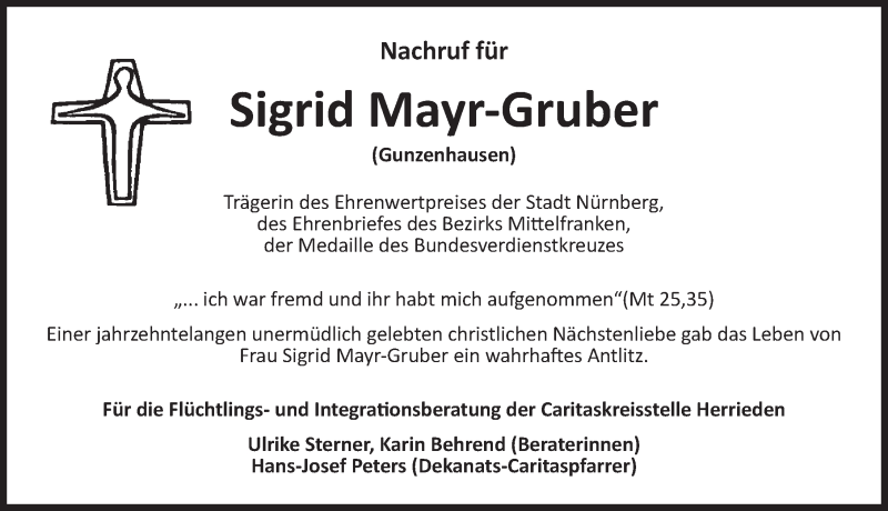  Traueranzeige für Sigrid Mayr-Gruber vom 19.06.2021 aus Ansbach