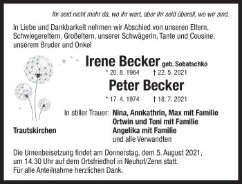 Traueranzeige von Irene Becker von Neustadt/ Scheinfeld/ Uffenheim