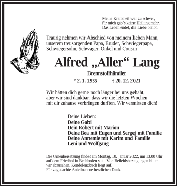 Traueranzeigen Von Alfred Lang Trauer Flz De