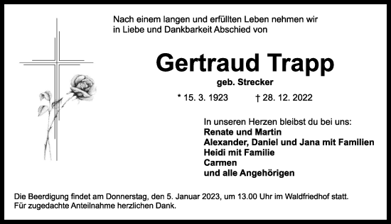 Traueranzeigen Von Gertraud Trapp Trauer Flz De