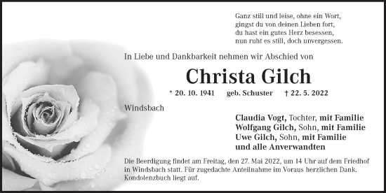 Traueranzeige von Christa Gilch von Ansbach