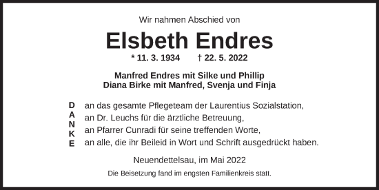 Traueranzeige von Elsbeth Endres von Ansbach