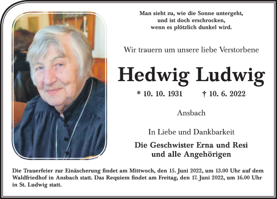 Traueranzeigen Von Hedwig Ludwig Trauer Flz De