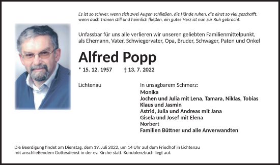 Traueranzeigen Von Alfred Popp Trauer Flz De