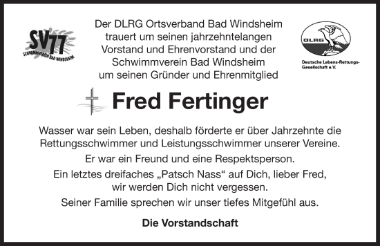 Traueranzeige von Fred Fertinger von Neustadt/ Scheinfeld/ Uffenheim
