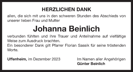 Traueranzeige von Johanna Beinlich von Neustadt/ Scheinfeld/ Uffenheim