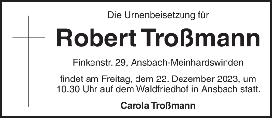 Traueranzeige von Robert Troßmann von Ansbach