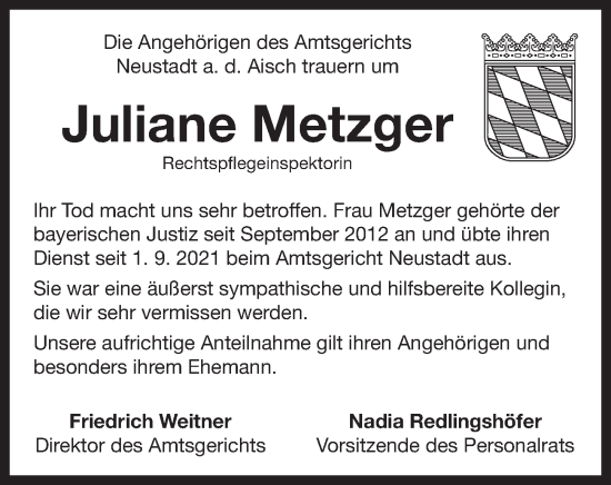Traueranzeige von Juliane Metzger von Neustadt/ Scheinfeld/ Uffenheim
