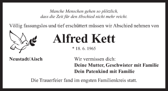 Traueranzeige von Alfred Kett von Neustadt/ Scheinfeld/ Uffenheim