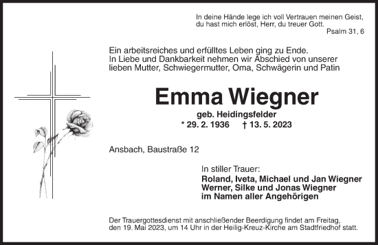 Traueranzeigen Von Emma Wiegner Trauer Flz De