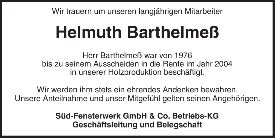 Traueranzeige von Helmuth Barthelmeß von Dinkelsbühl/ Feuchtwangen