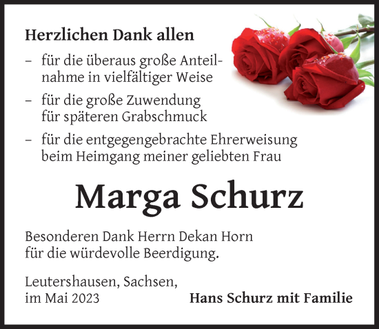Traueranzeige von Marga Schurz von Ansbach