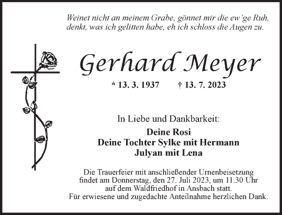 Traueranzeigen Von Gerhard Meyer Trauer Flz De