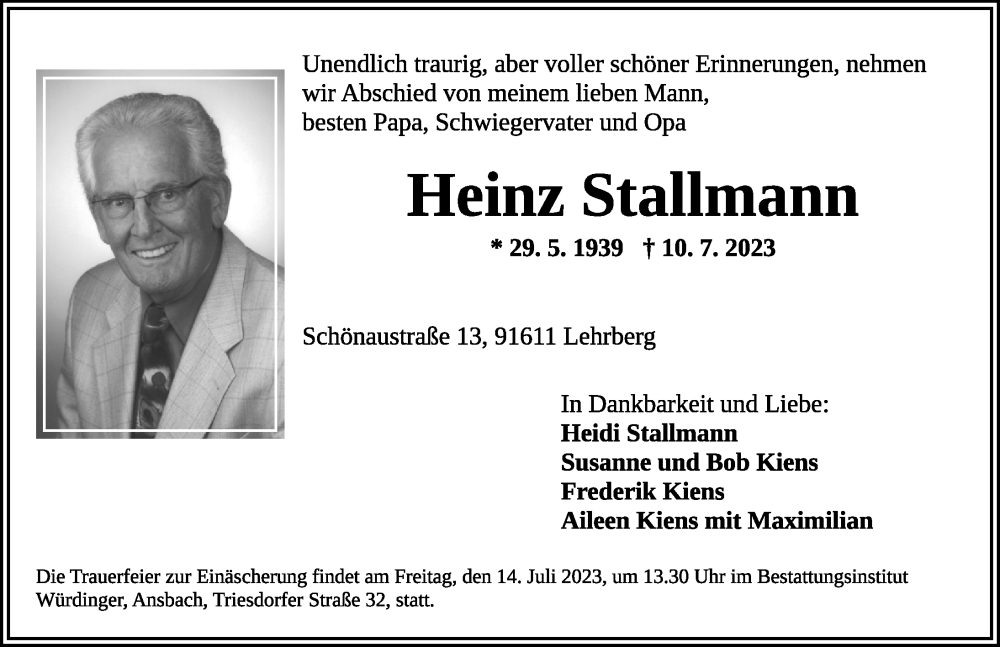 Traueranzeigen Von Heinz Stallmann Trauer Flz De