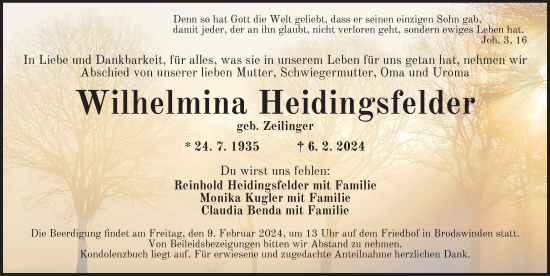 Traueranzeigen Von Wilhelmina Heidingsfelder Trauer Flz De