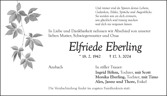 Traueranzeige von Elfriede Eberling von Ansbach