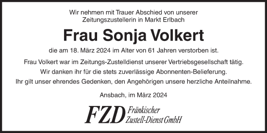 Traueranzeige von Sonja Volkert von Neustadt/ Scheinfeld/ Uffenheim