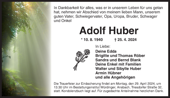 Traueranzeige von Adolf Huber von Ansbach