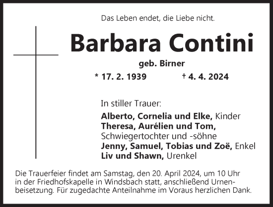 Traueranzeige von Barbara Contini von Ansbach