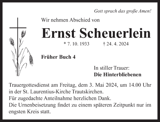Traueranzeige von Ernst Scheuerlein von Neustadt/ Scheinfeld/ Uffenheim