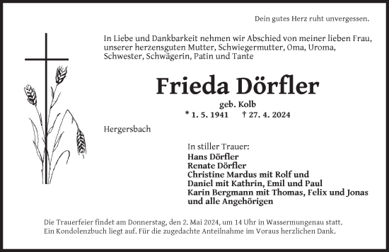 Traueranzeige von Frieda Dörfler von Ansbach
