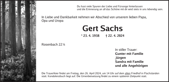 Traueranzeige von Gert Sachs von Ansbach