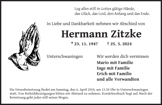 Traueranzeigen Von Hermann Zitzke Trauer Flz De