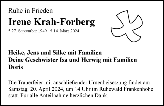 Traueranzeige von Irene Krah-Forberg von Ansbach