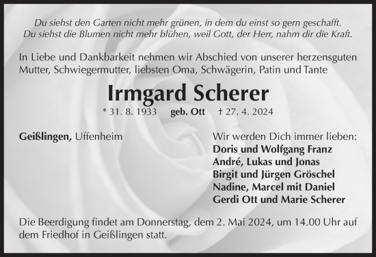 Traueranzeige von Irmgard Scherer von Neustadt/ Scheinfeld/ Uffenheim